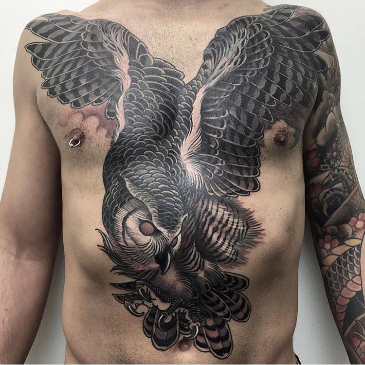 Black Ink Owl Tattoo On Man Full Body By Luis Valseca