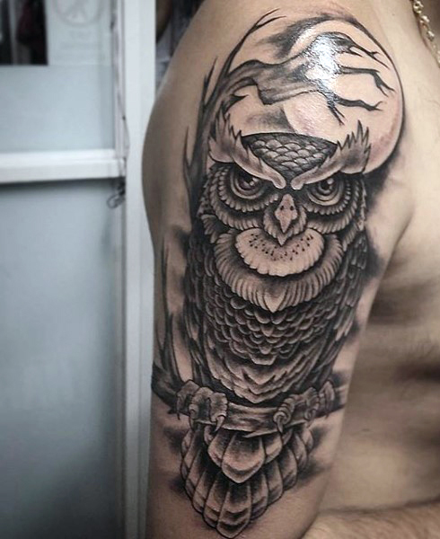 Black Ink Owl Tattoo On Man Right Half Sleeve