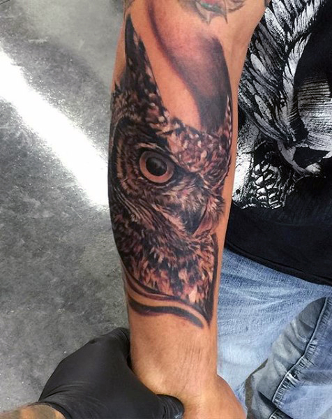 Black Ink Owl Tattoo On Right Sleeve