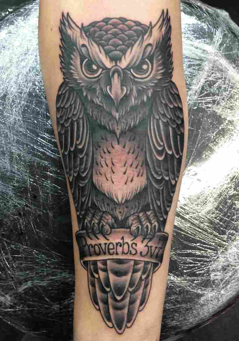 Black Ink Owl With Banner Tattoo Design For Men Forearm