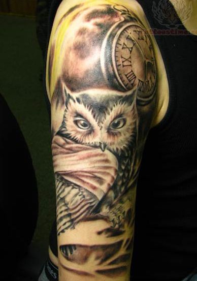 Black Ink Owl With Clock Tattoo On Man Right Half Sleeve