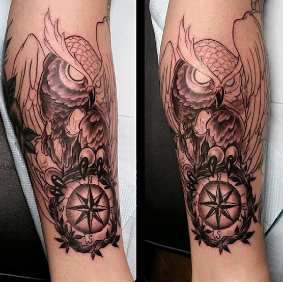 Black Ink Owl With Nautical Compass Tattoo Design For Men Arm
