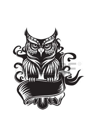 Black Ink Owl With Ribbon Tattoo Design
