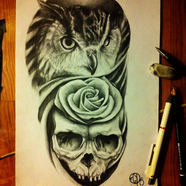 Black Ink Owl With Rose And Skull Tattoo Design