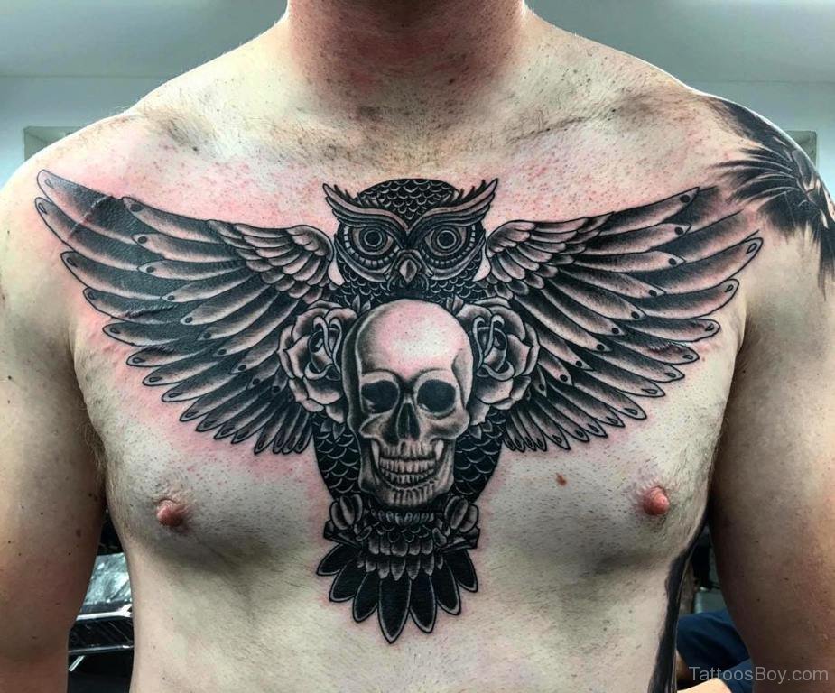 Black Ink Owl With Skull And Roses Tattoo On Man Chest