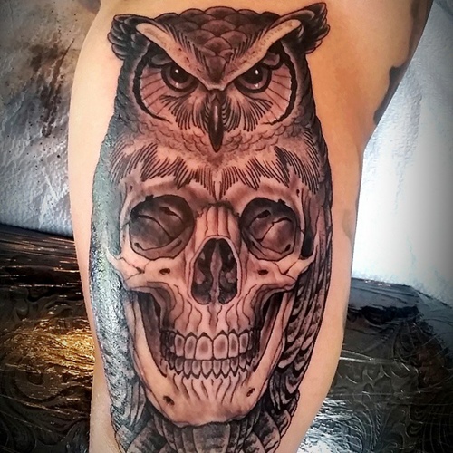 Black Ink Owl With Skull Tattoo Design For Sleeve