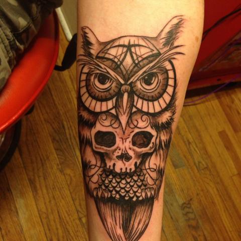 Black Ink Owl With Skull Tattoo On Forearm