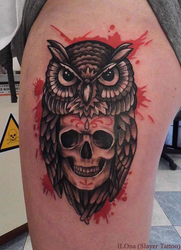 Black Ink Owl With Skull Tattoo On Left Side Thigh By ILOna