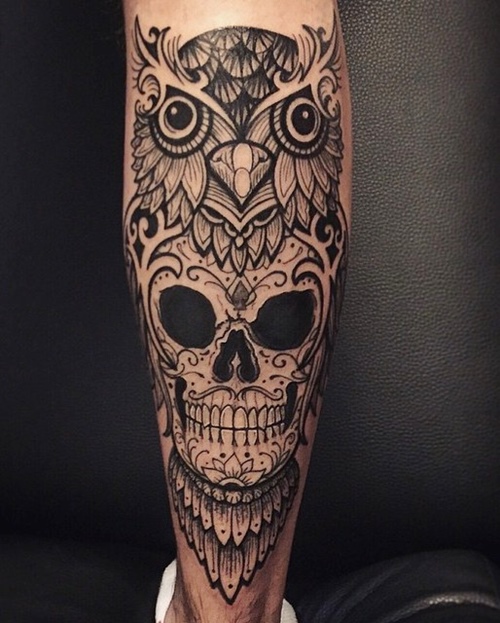 Black Ink Owl With Skull Tattoo On Leg Calf