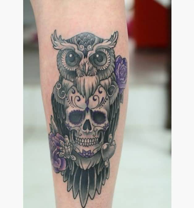 Black Ink Owl With Sugar Skull And Flowers Tattoo Design For Leg