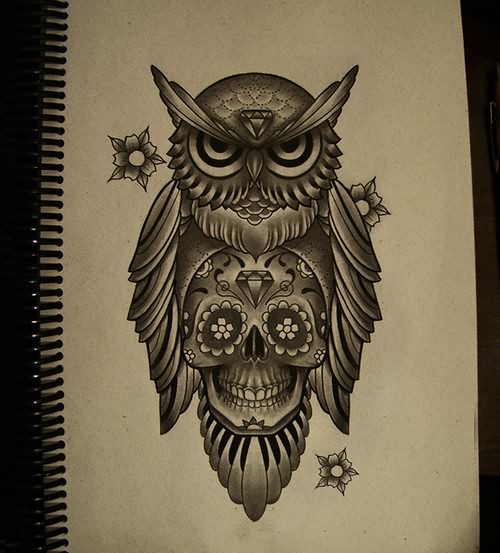 Black Ink Owl With Sugar Skull And Flowers Tattoo Design