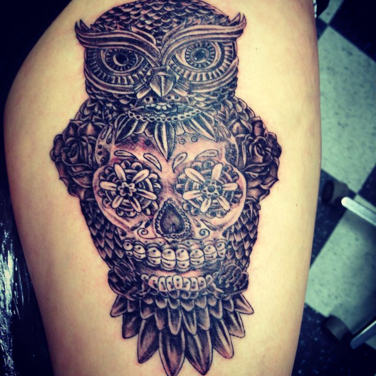 Black Ink Owl With Sugar Skull And Roses Tattoo Design For Thigh