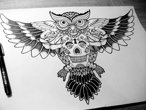 Black Ink Owl With Sugar Skull And Roses Tattoo Design