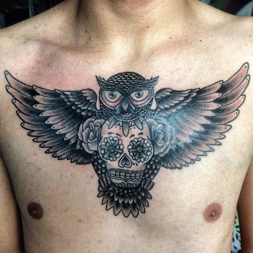 Black Ink Owl With Sugar Skull And Roses Tattoo On Man Chest