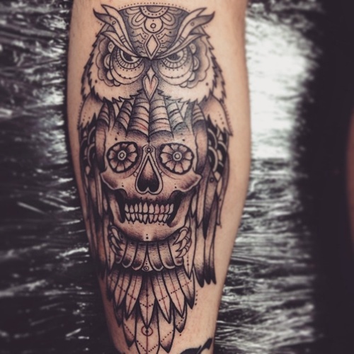 Black Ink Owl With Sugar Skull Tattoo Design For Arm