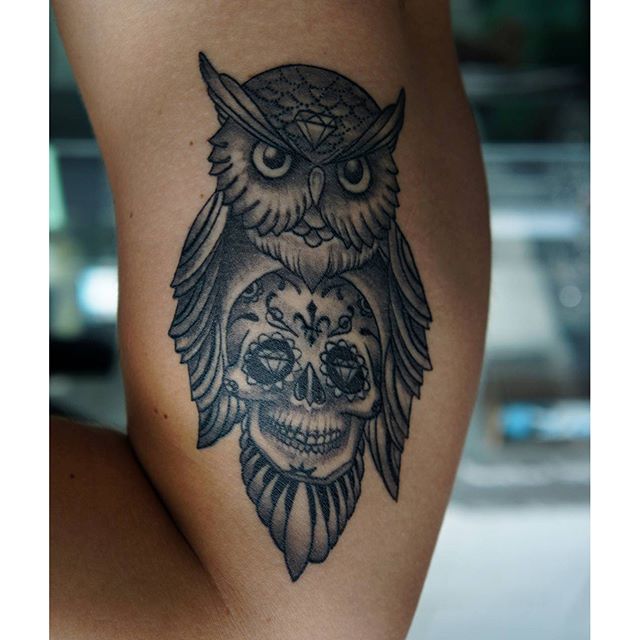 Black Ink Owl With Sugar Skull Tattoo Design For Half Sleeve By Nox