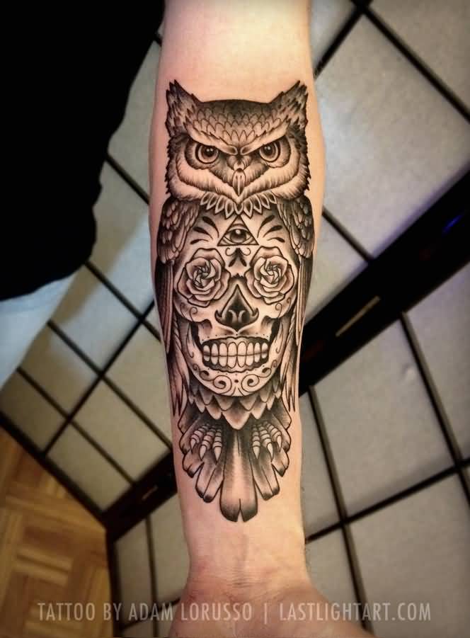 Black Ink Owl With Sugar Skull Tattoo On Left Forearm By Andreyh Sousa