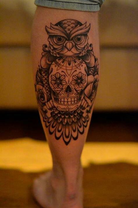 Black Ink Owl With Sugar Skull Tattoo On Left Leg Calf