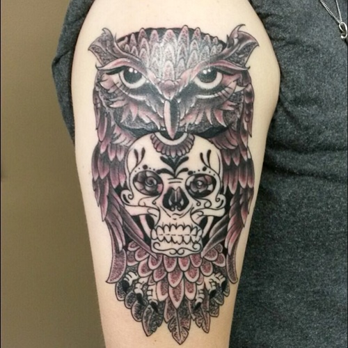 Black Ink Owl With Sugar Skull Tattoo On Man Right Half Sleeve