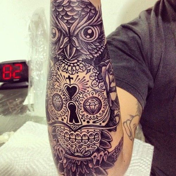 Black Ink Owl With Sugar Skull Tattoo On Right Forearm
