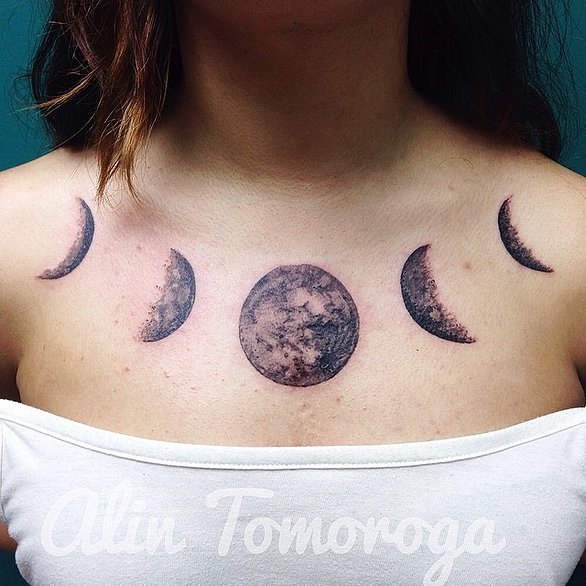 Black Ink Phases Of The Moon Tattoo On Girl Collarbone By xAriamx