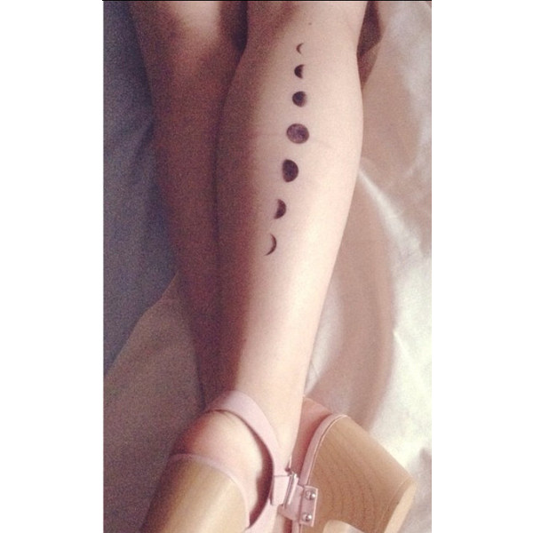 Black Ink Phases Of The Moon Tattoo On Girl Leg Calf