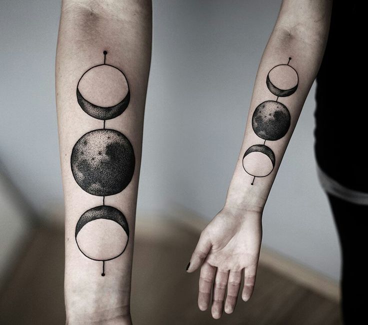 Black Ink Phases Of The Moon Tattoo On Girl Right Forearm