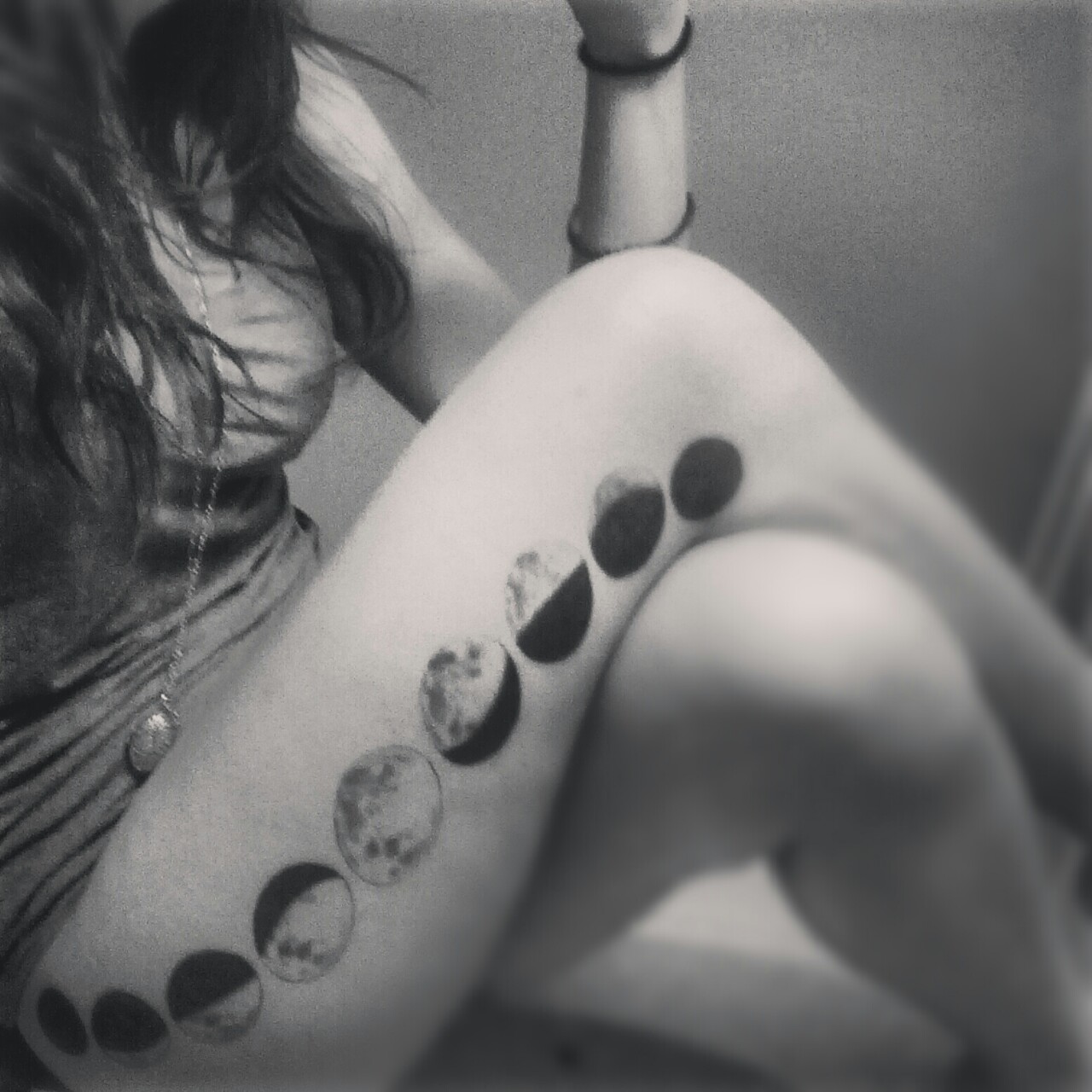 Black Ink Phases Of The Moon Tattoo On Girl Right Side Thigh