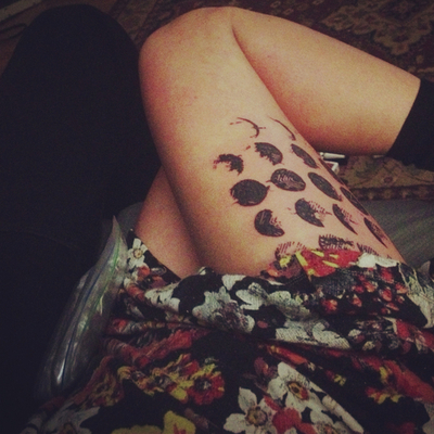 Black Ink Phases Of The Moon Tattoo On Girl Right Thigh