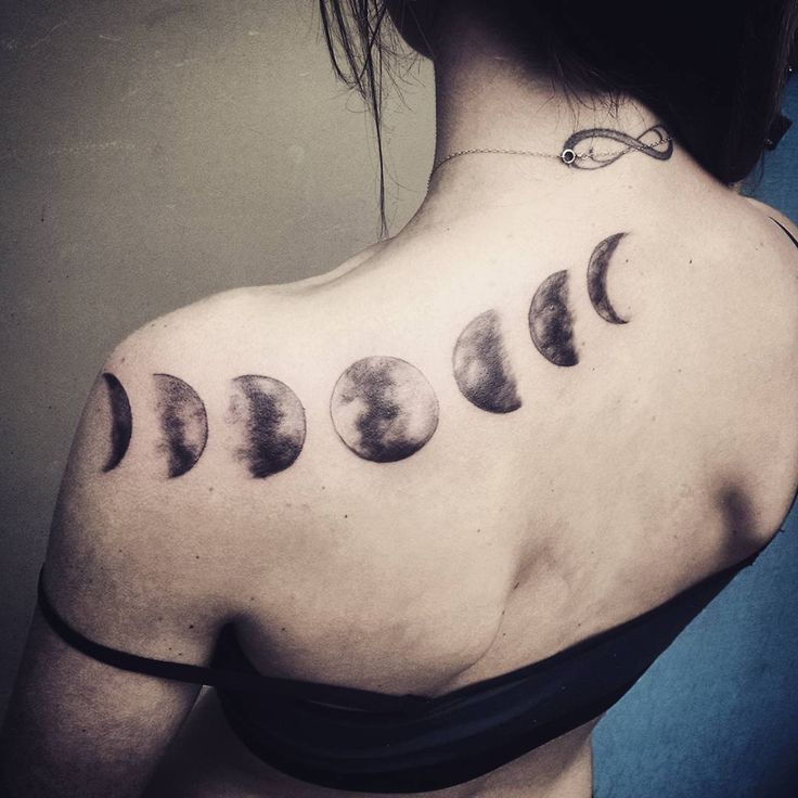 Black Ink Phases Of The Moon Tattoo On Left Back Shoulder