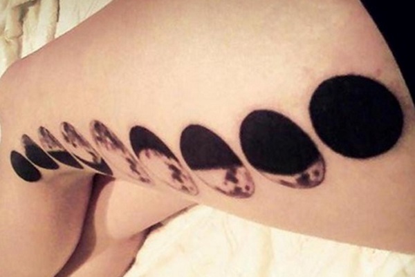 Black Ink Phases Of The Moon Tattoo On Left Side Thigh