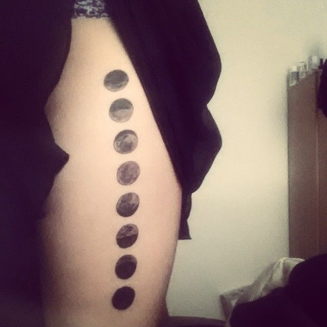 Black Ink Phases Of The Moon Tattoo On Side Thigh