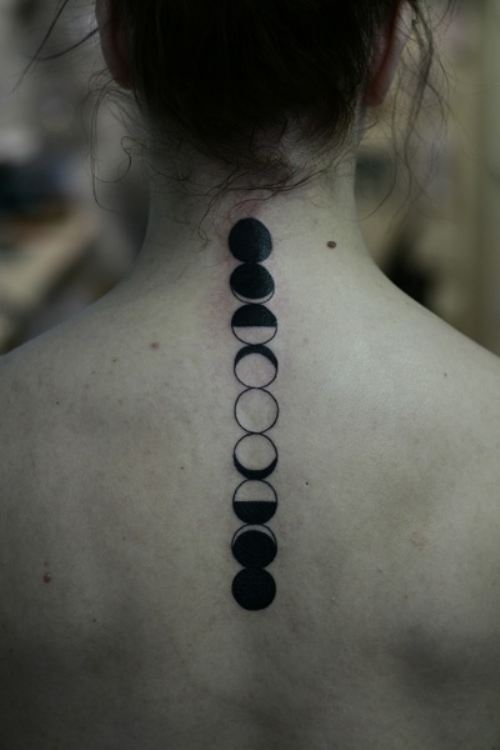 Black Ink Phases Of The Moon Tattoo On Spine