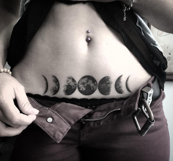 Black Ink Phases Of The Moon Tattoo On Waist By Noksi