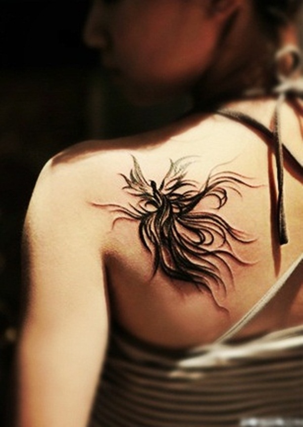 Black Ink Phoenix Tattoo On Girl Left Back Shoulder