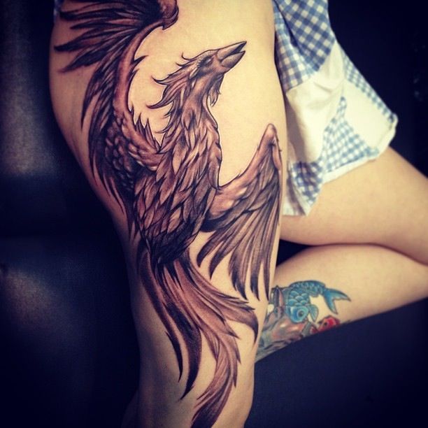 Black Ink Phoenix Tattoo On Girl Right Side Thigh