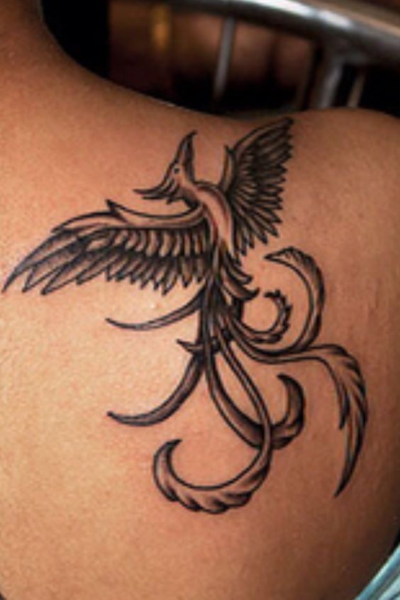 Black Ink Phoenix Tattoo On Right Back Shoulder