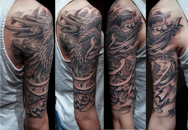 Black Ink Phoenix Tattoo On Right Half Sleeve