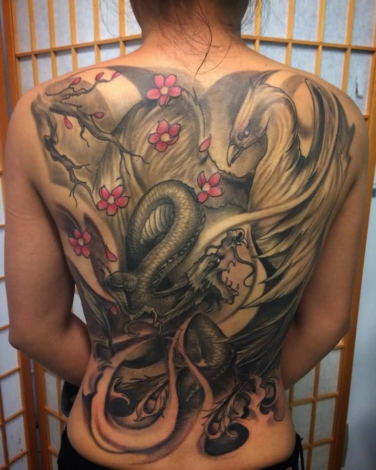 Black Ink Phoenix With Flowers Tattoo On Full Back