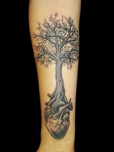 Black Ink Real Heart Tree Of Life Tattoo Design For Forearm