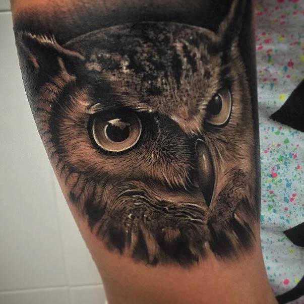 Black Ink Realistic 3D Owl Head Tattoo On Right Half Sleeve