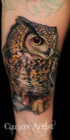Black Ink Realistic Owl Tattoo Design For Forearm