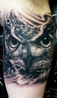Black Ink Realistic Owl Tattoo Design For Sleeve