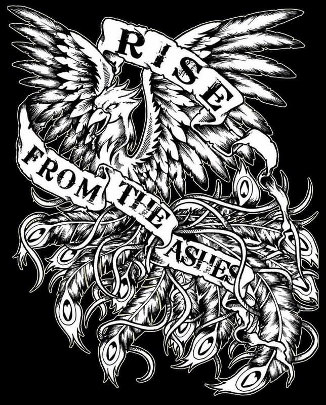 Black Ink Rising Phoenix From The Ashes With Banner Tattoo Design