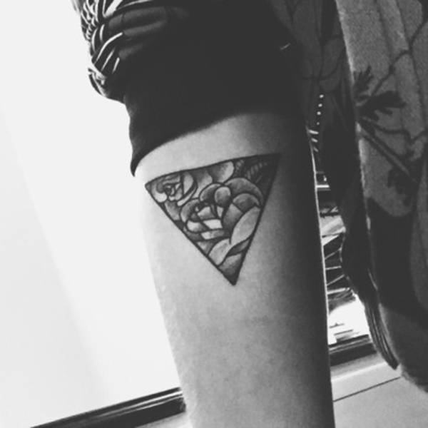 Black Ink Roses In Upside Down Triangle Tattoo On Sleeve