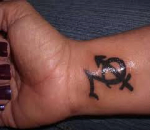 Black Ink Sagittarius Zodiac Sign Tattoo On Girl Right Wrist