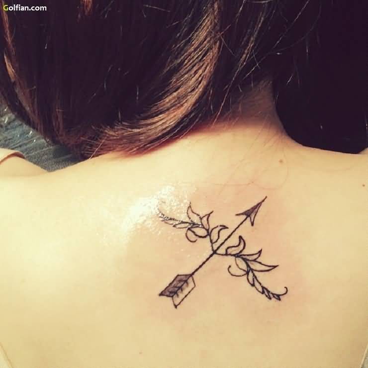 Black Ink Sagittarius Zodiac Sign Tattoo On Girl Upper Back