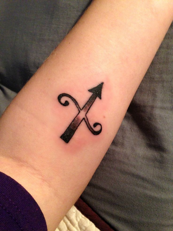 Black Ink Sagittarius Zodiac Sign Tattoo On Left Forearm