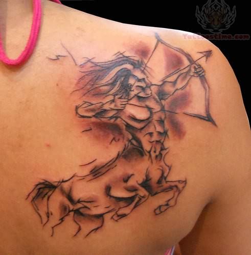 Black Ink Sagittarius Zodiac Sign Tattoo On Right Back Shoulder