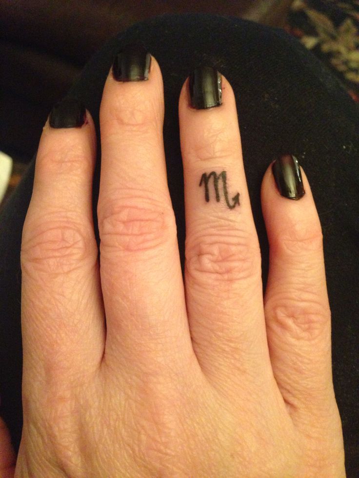 Black Ink Scorpio Zodiac Sign Tattoo On Right Hand Finger